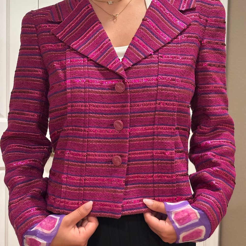 CHANEL VINTAGE Pink and Purple Blazer with Notched Lapel